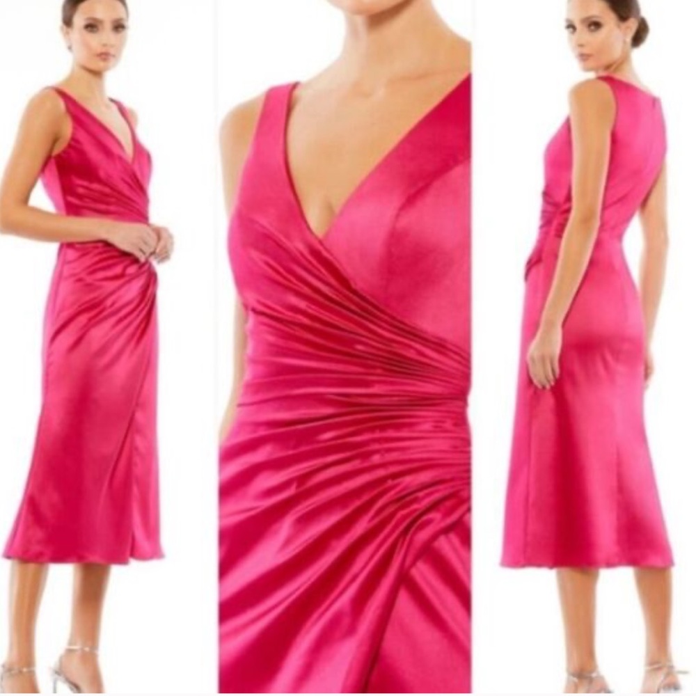 IEENA Mac Duggal 26625 Satin Ruched V-Neck Faux Wrap Lipstick Pink SZ 6